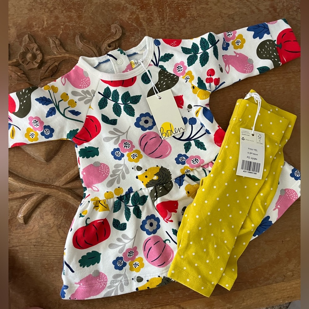 0-3M mini Boden dress and legging set. Brand new with tags